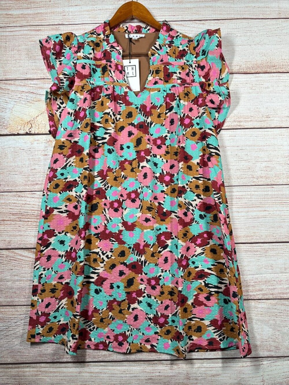 THML Women’s Size L Multicolor Floral Print Ruffle Sleeve V-Neck Dress Lined
